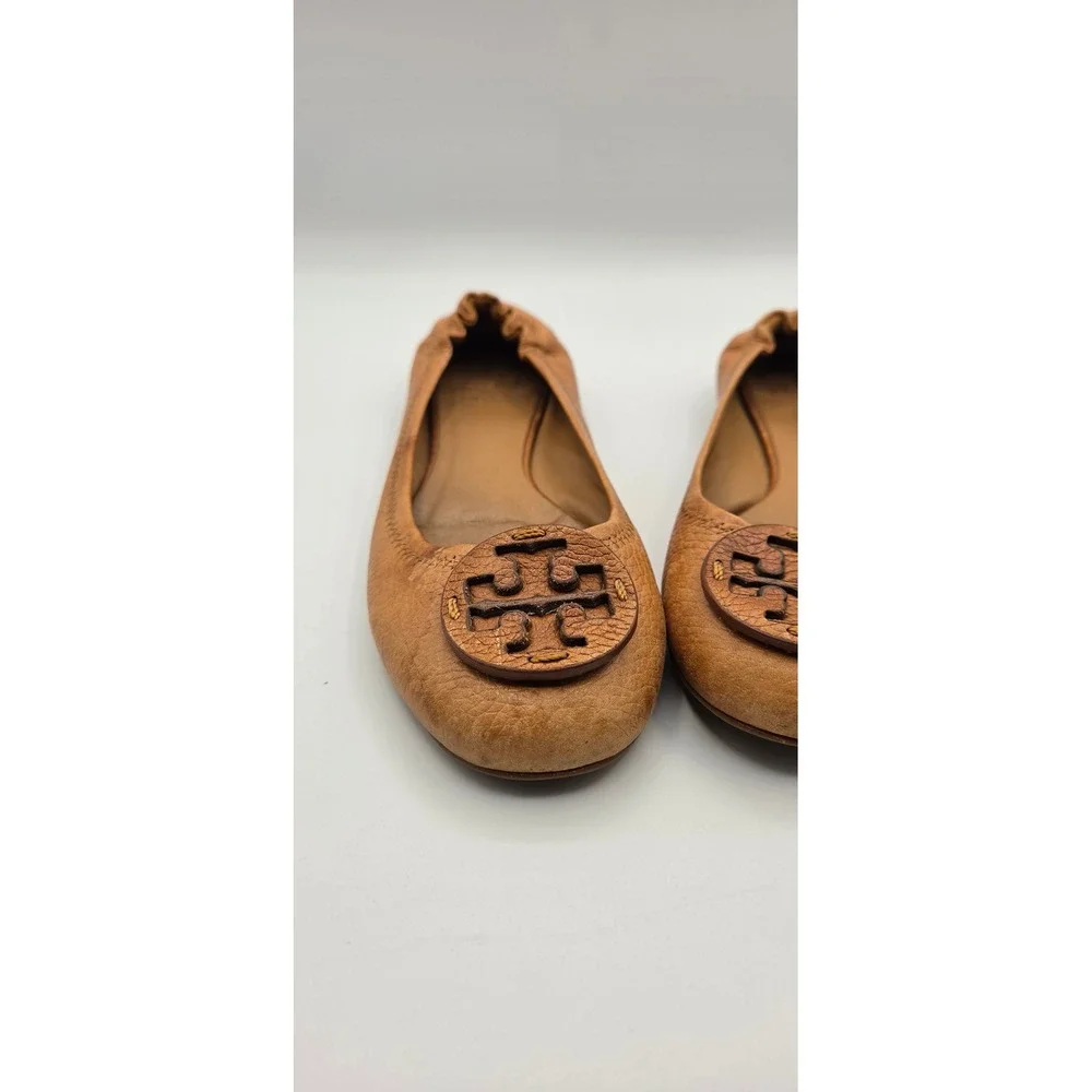 Tory Burch Reva Women Flats Sz 7 Tan Tumbled Leather Ballet Logo